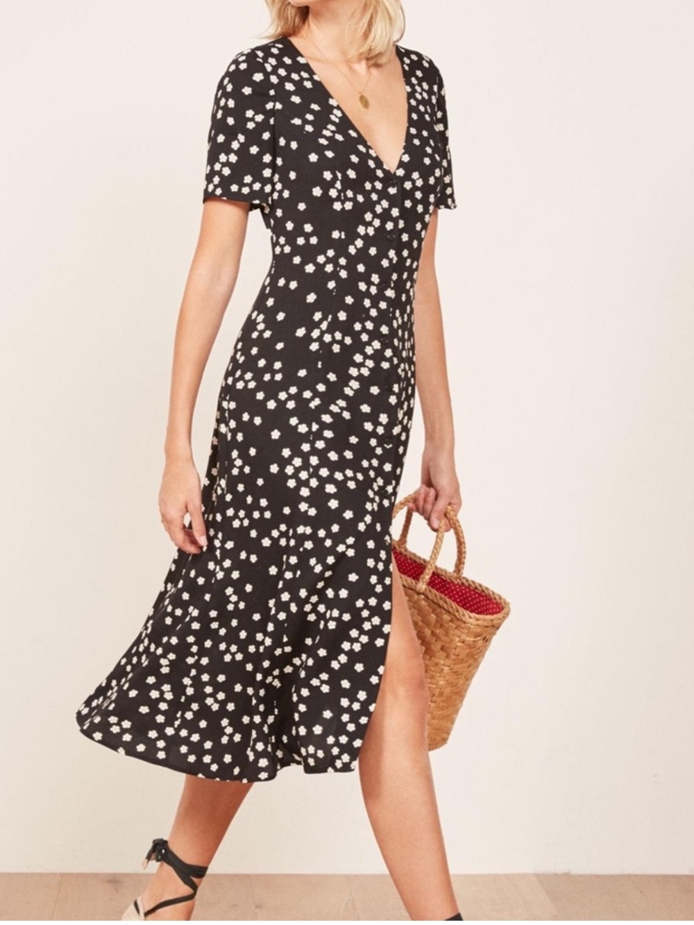Reformation Locklin Dress Black White Floral Button Front Midi